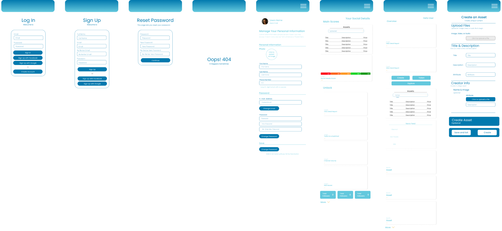 Wireframes for log in, sign up, password reset, 404, account management, social overview and asset creation
