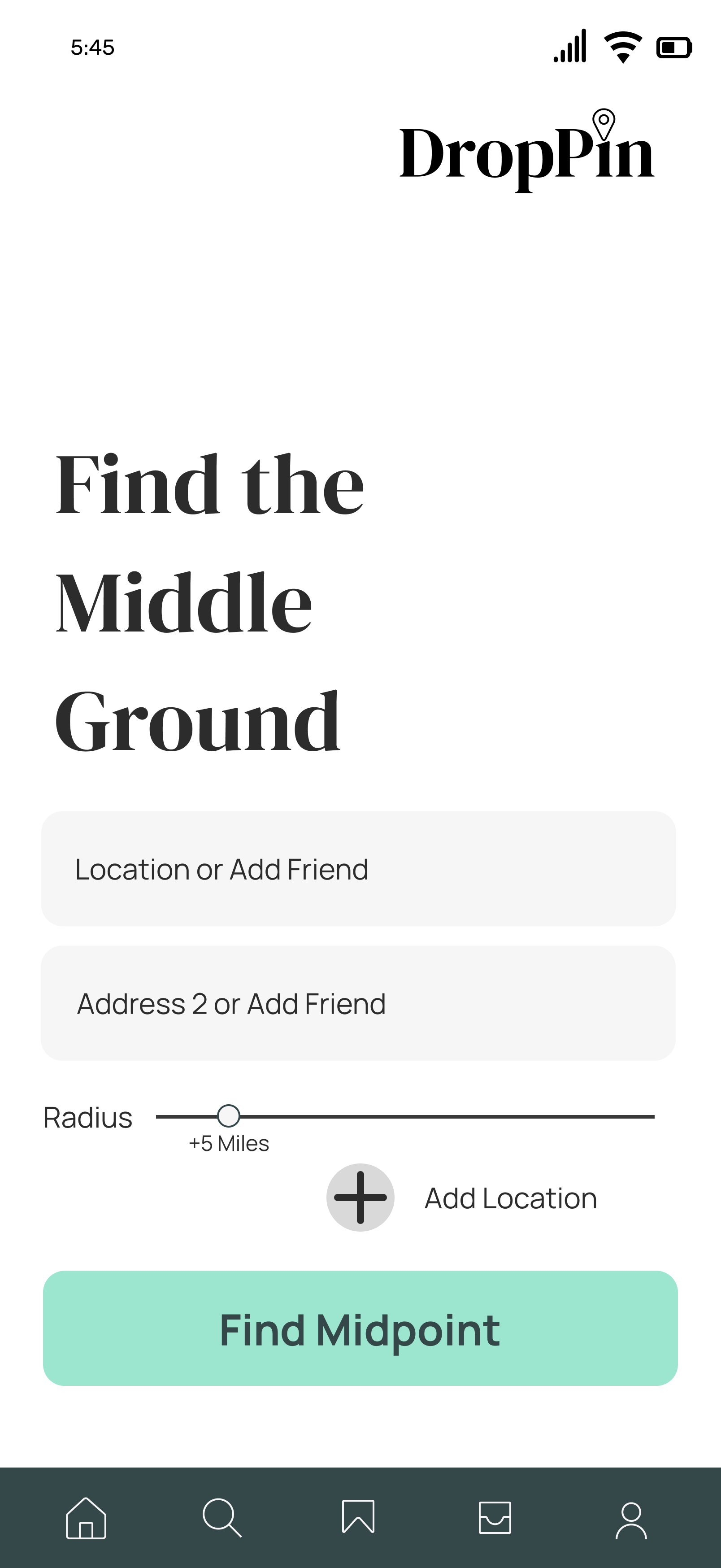 DropPin entry screen: two addresses, a radius slider, and a Find Midpoint button
