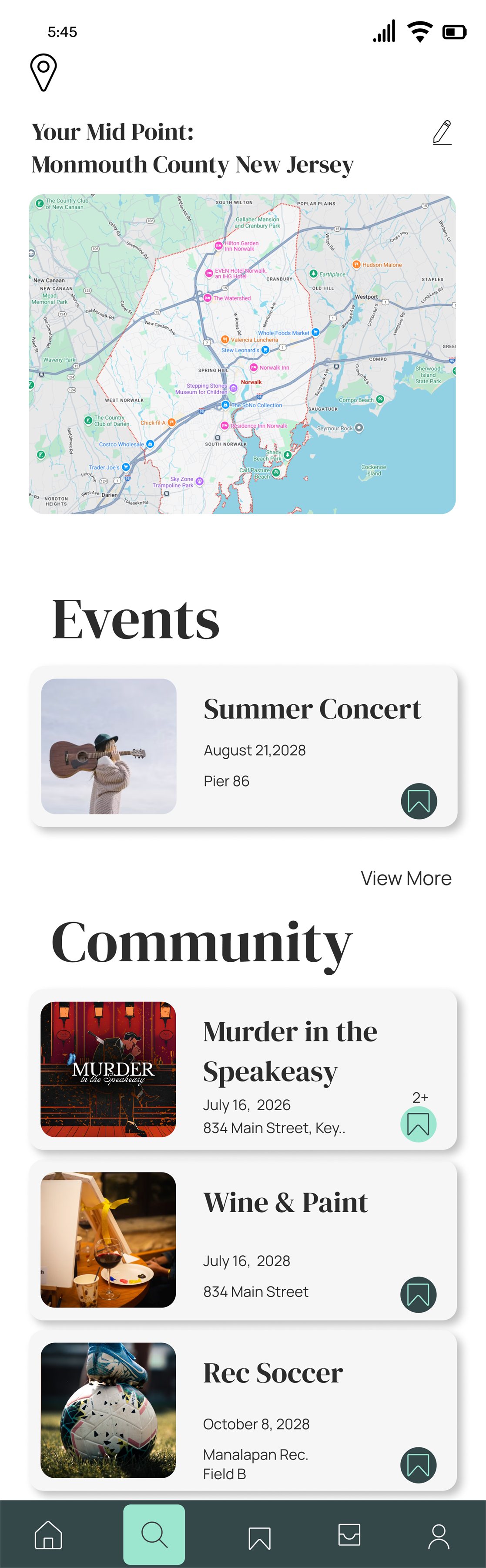DropPin results: a map of the midpoint with Events and Community listings below