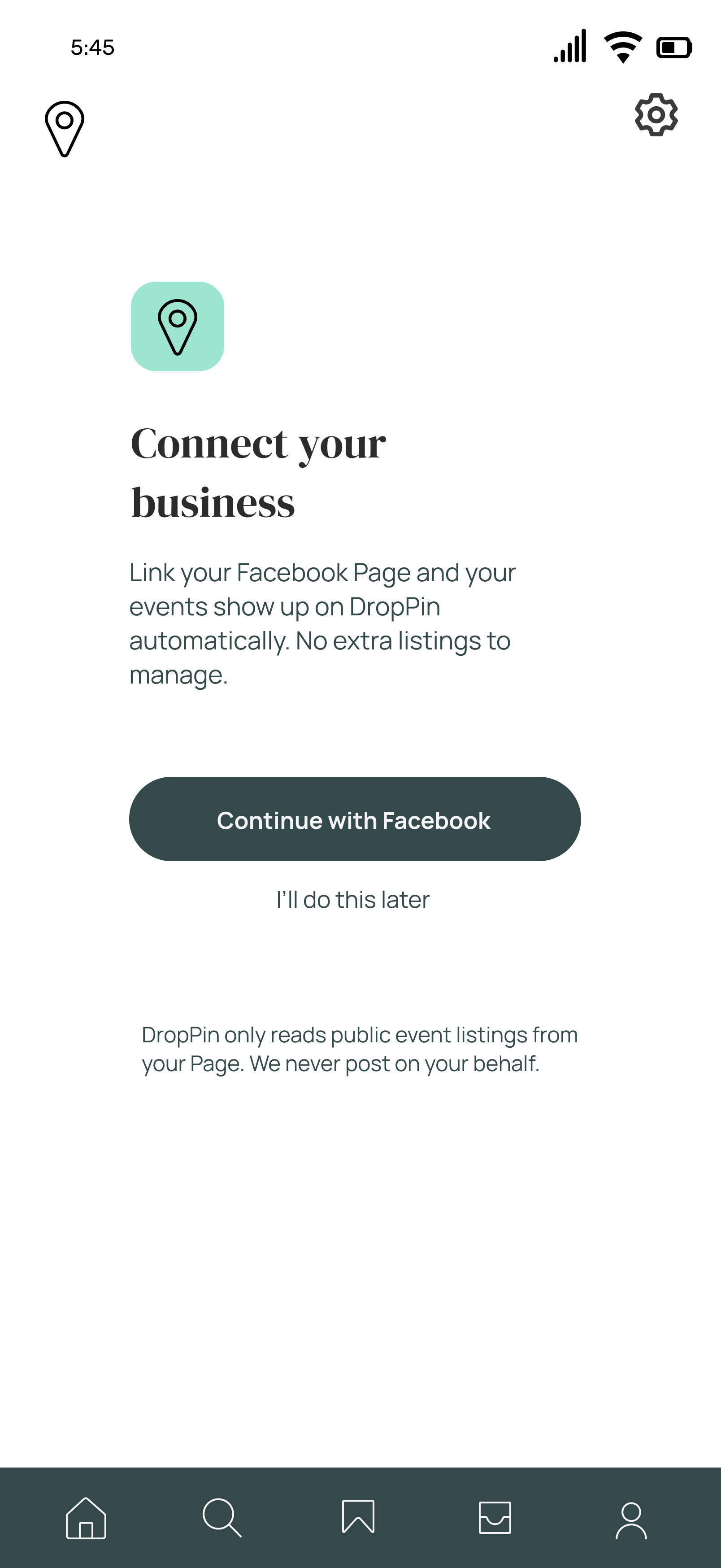 Business onboarding screen offering to link a Facebook page