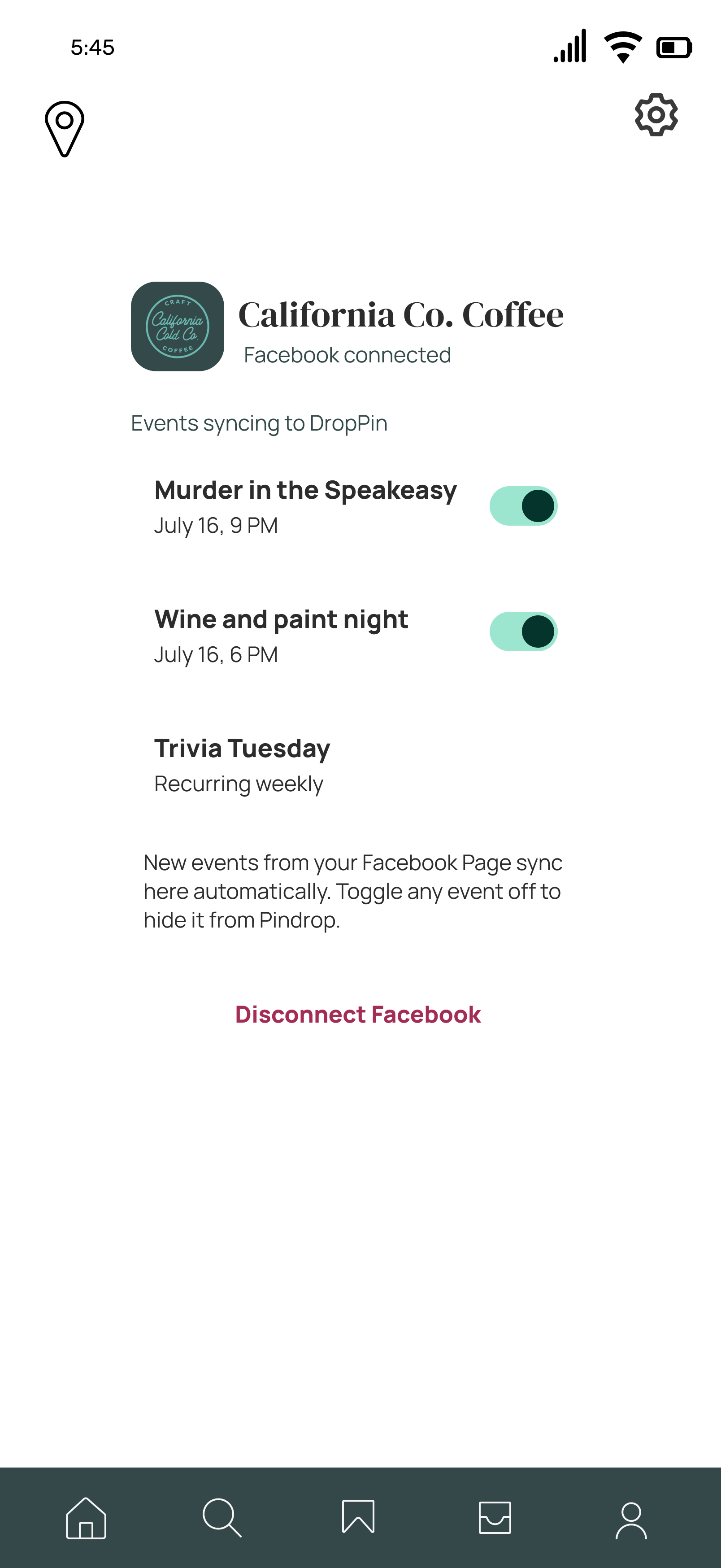 Business event list with per-event toggles for what appears on DropPin