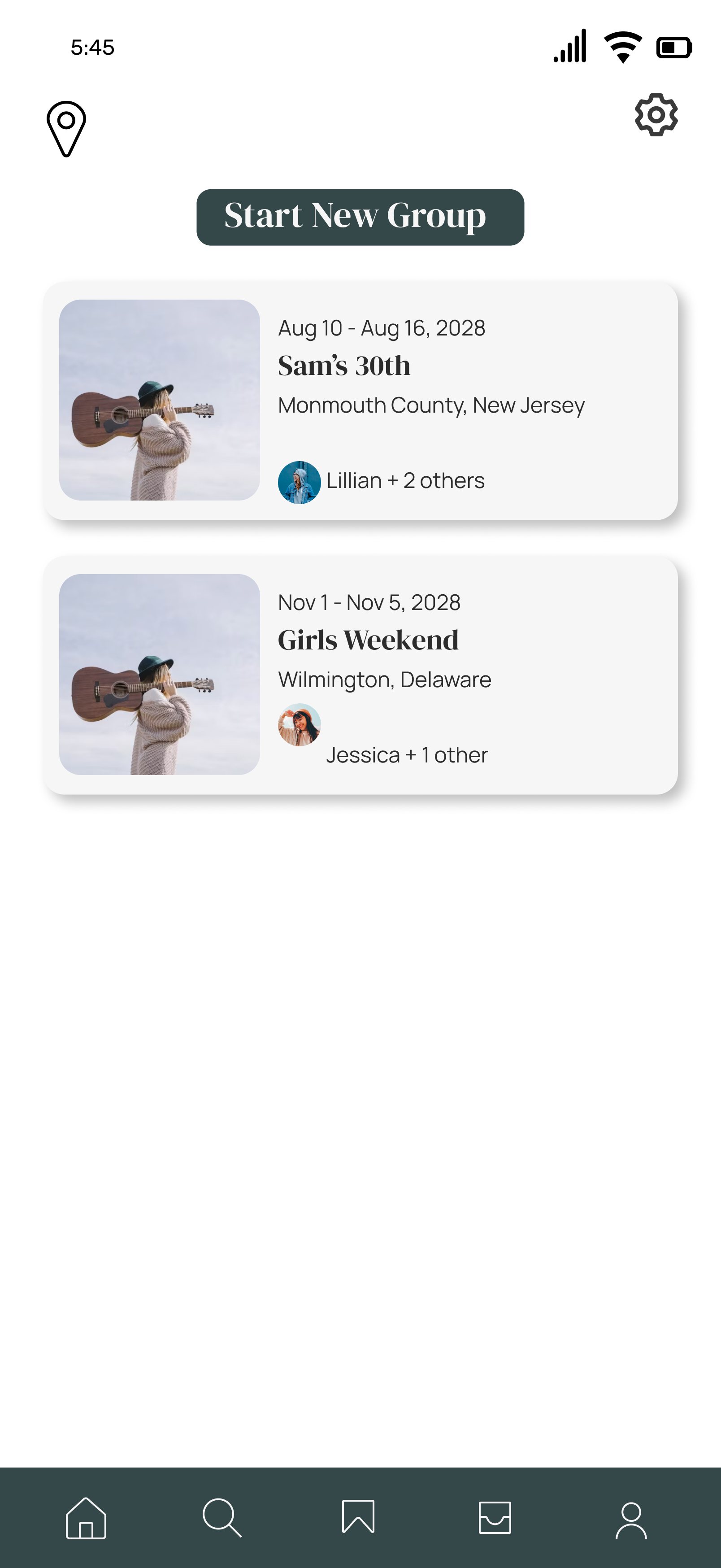 Group plans list showing two trips with dates, locations and attendees