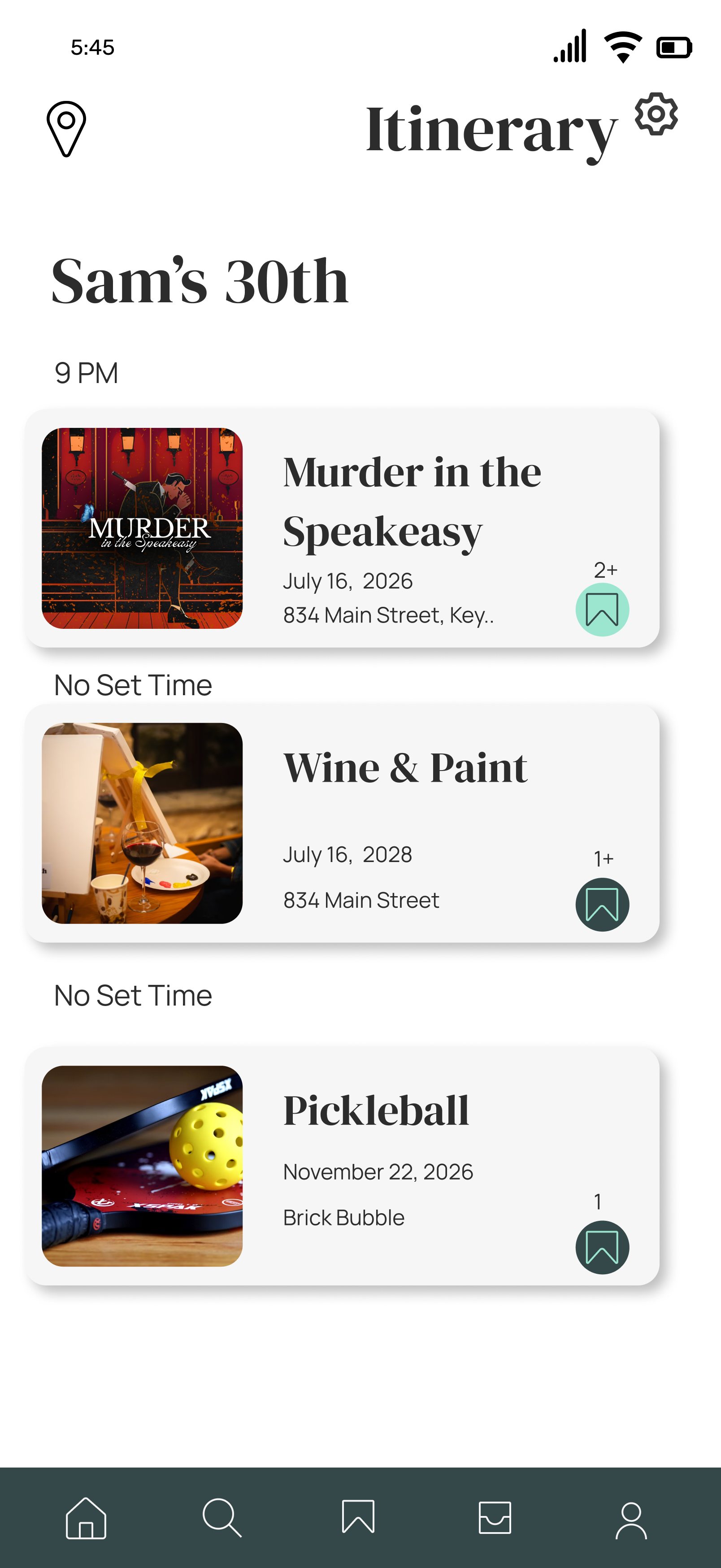 A shared itinerary with saved events, some timed and some not