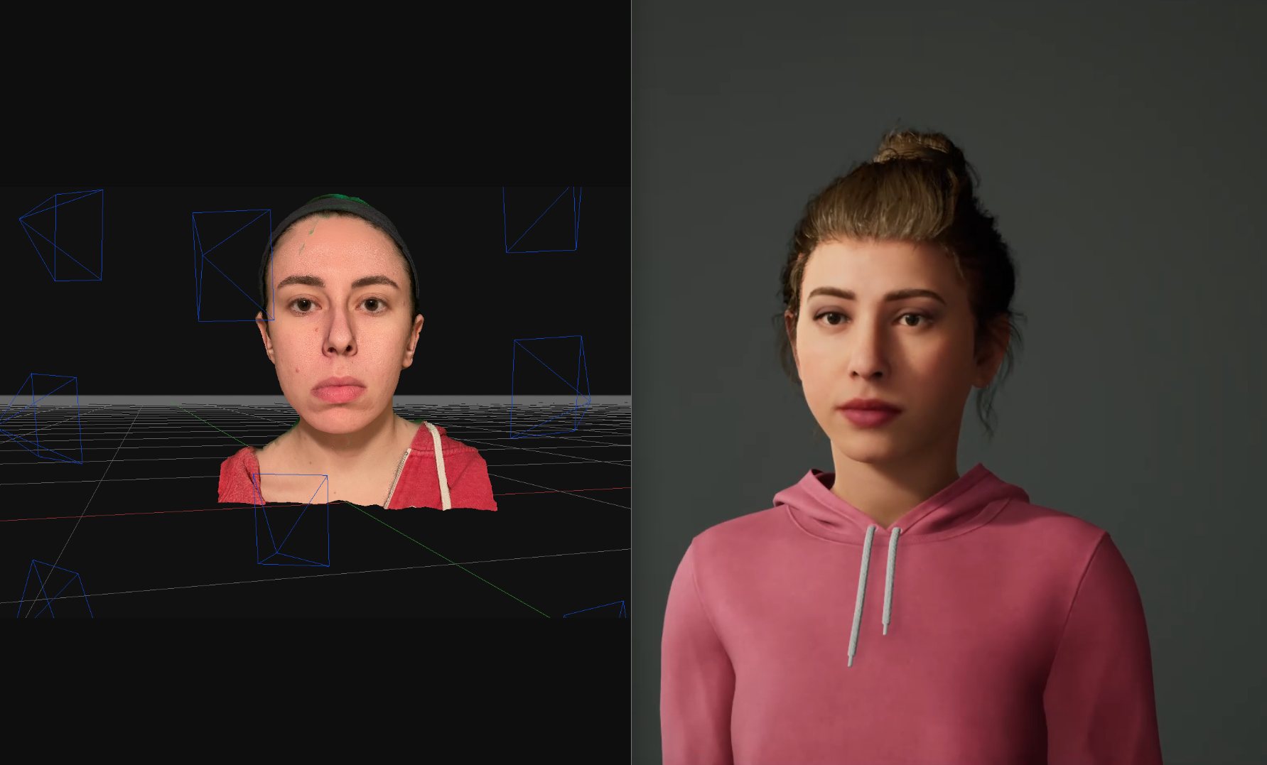 Side by side comparison of the photograph and the finished digital double