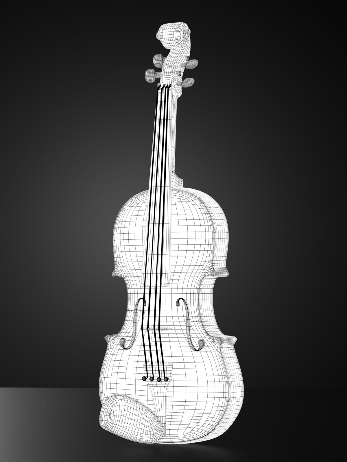 Wireframe of the violin showing the curved body and scroll