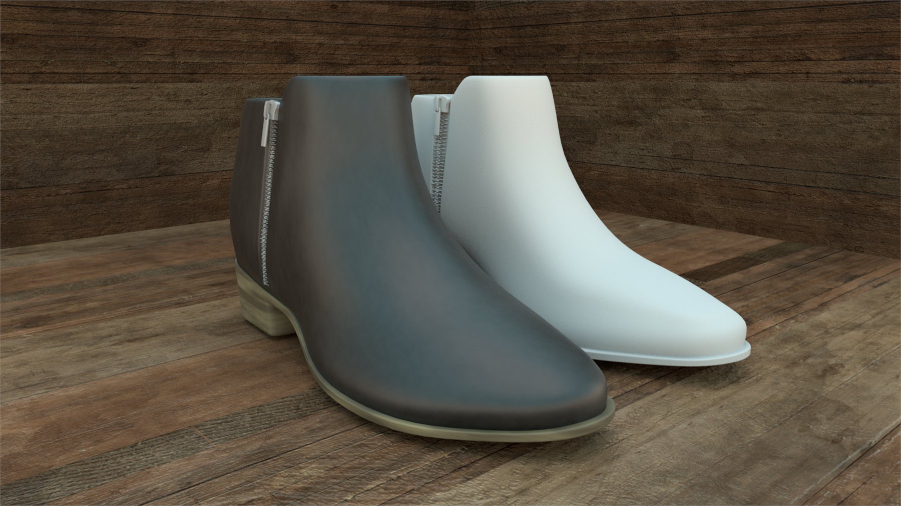 Two rendered ankle boots on a wooden floor