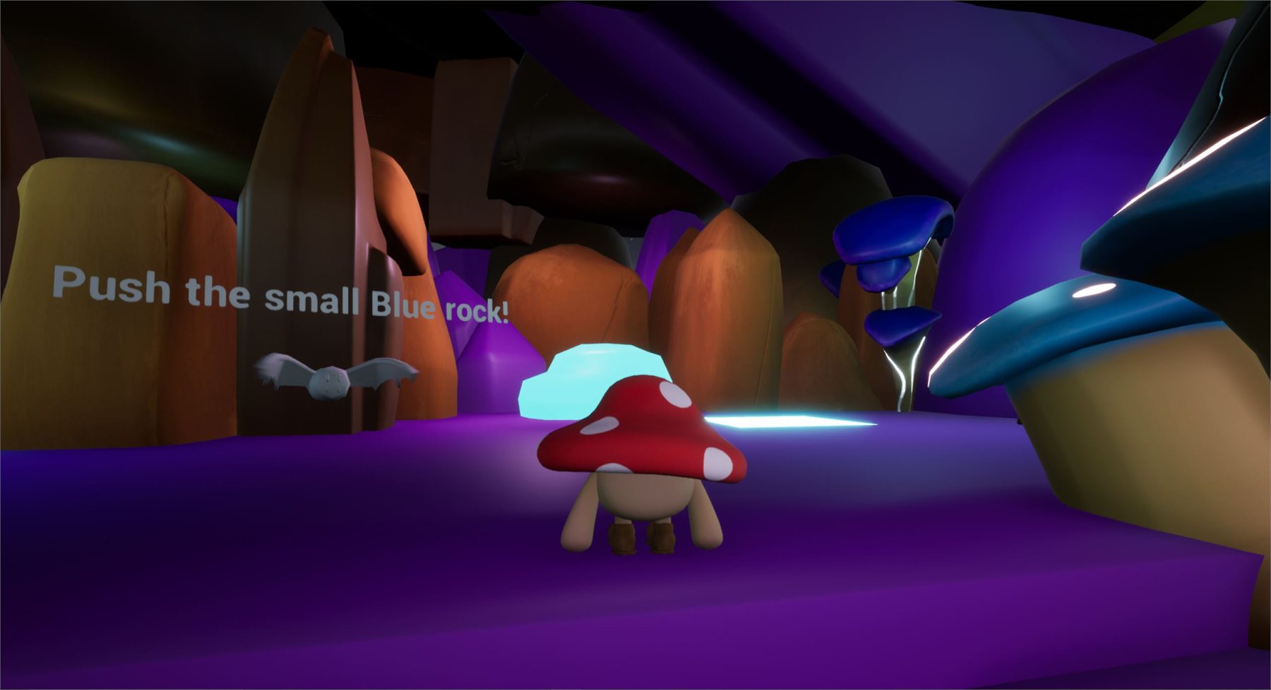 A cave puzzle prompting the player to push a small blue rock