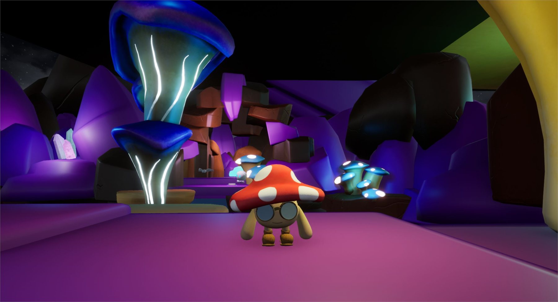 Glowing mushrooms lighting a cave passage